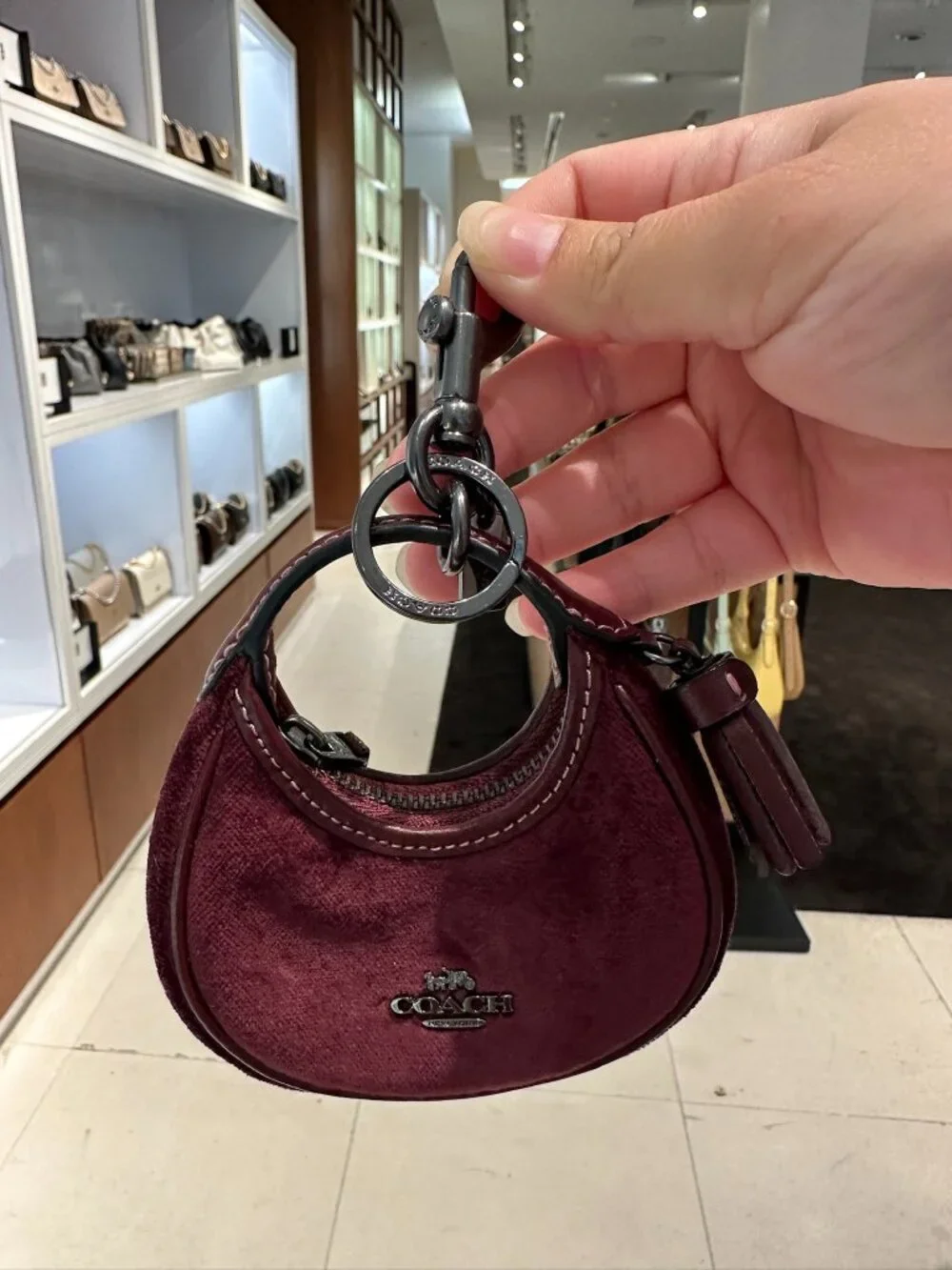 NWT! Coach CCF19 Mini Carmen Bag Charm Gunmetal/Burgundy Velvet/Smooth Leather - Picture 4 of 9